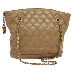 CHANEL Matelasse Chain Shoulder Bag Lamb Skin Beige Gold CC Auth bs25874